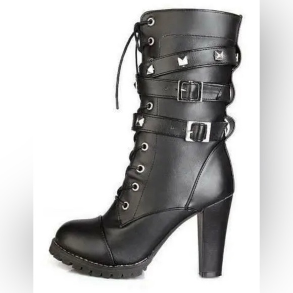 Furcross: Women Calf Boots Studded Round Toe Side Zip Up Thick Heels Punk Gothic - Picture 8 of 16
